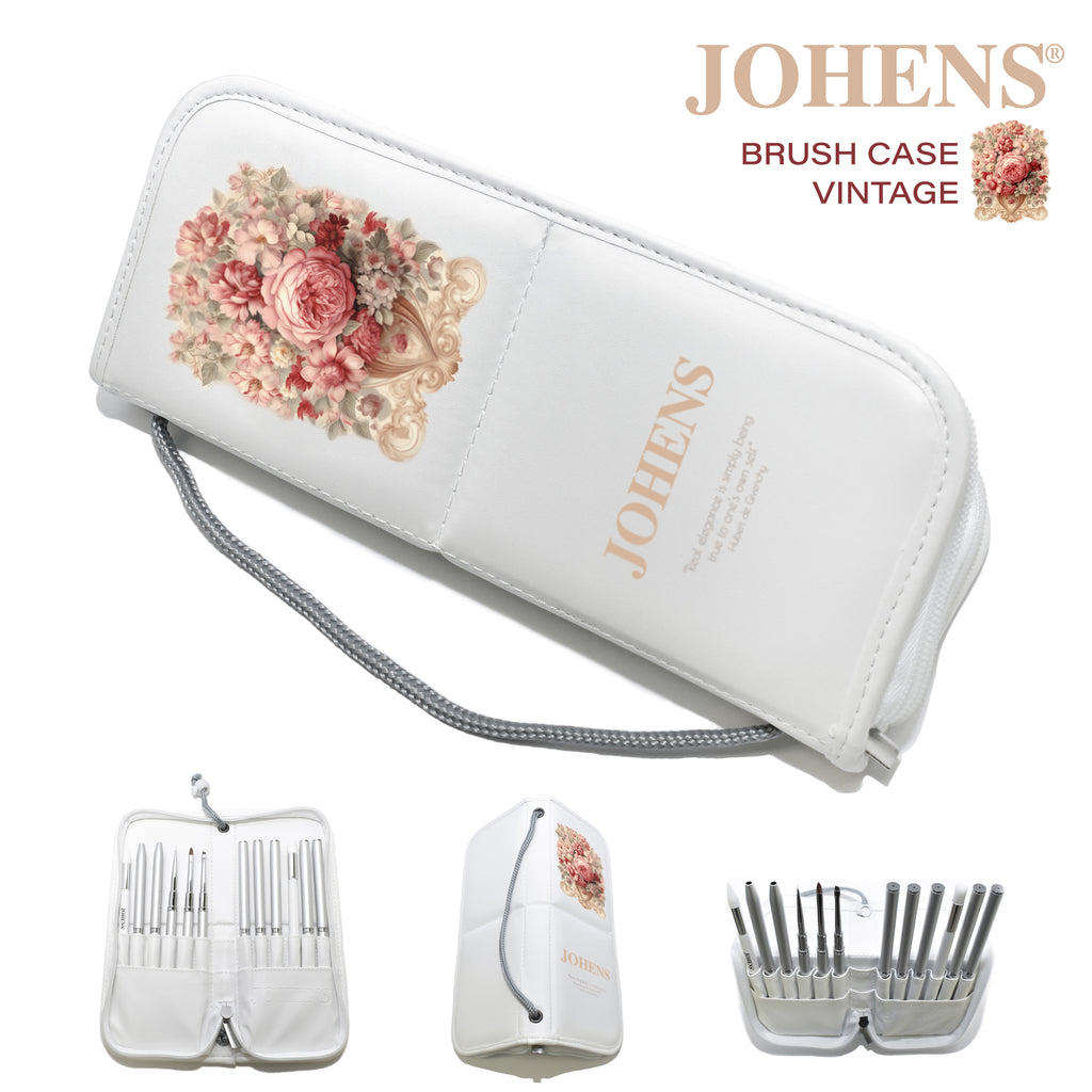 White brush case with exclusive vintage printed logo.